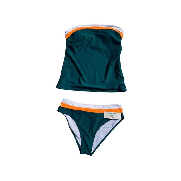 Two-Piece Tankini Swimsuit With Green White & Orange Colorblock Design By Beachs - Picture 1 of 5